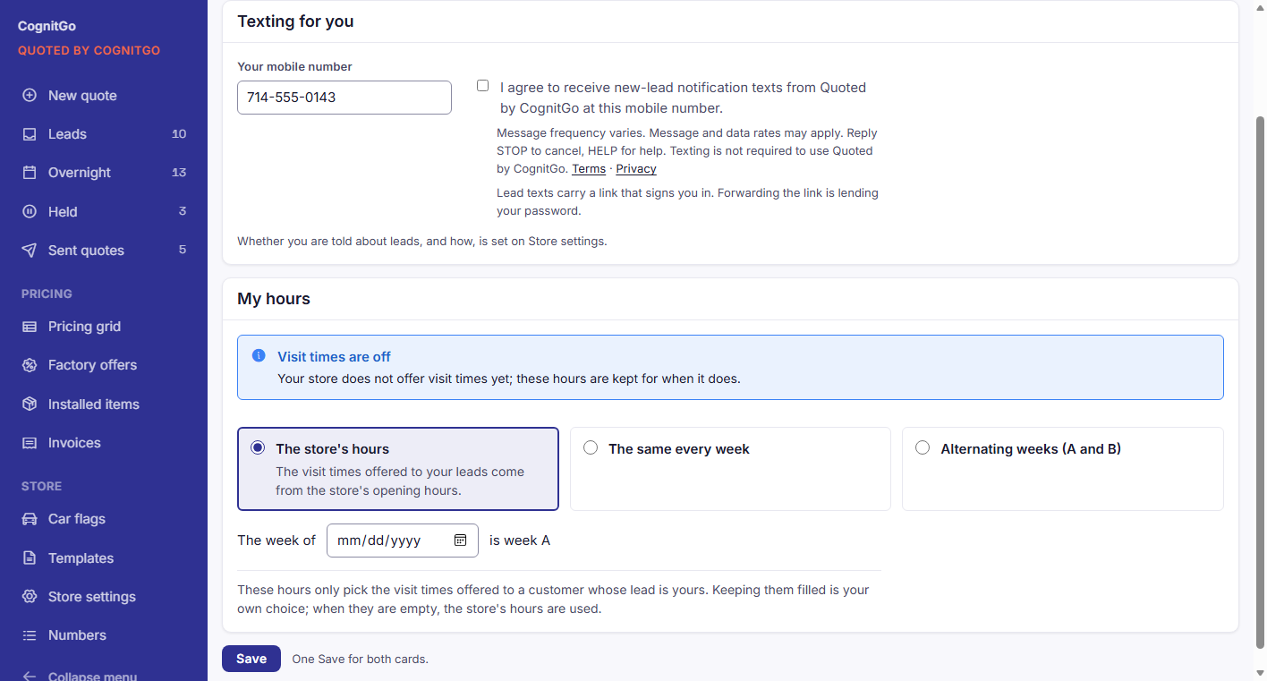 Quoted by CognitGo staff texting settings showing a mobile number field, an unchecked consent checkbox, texting disclosures, and Terms and Privacy links.