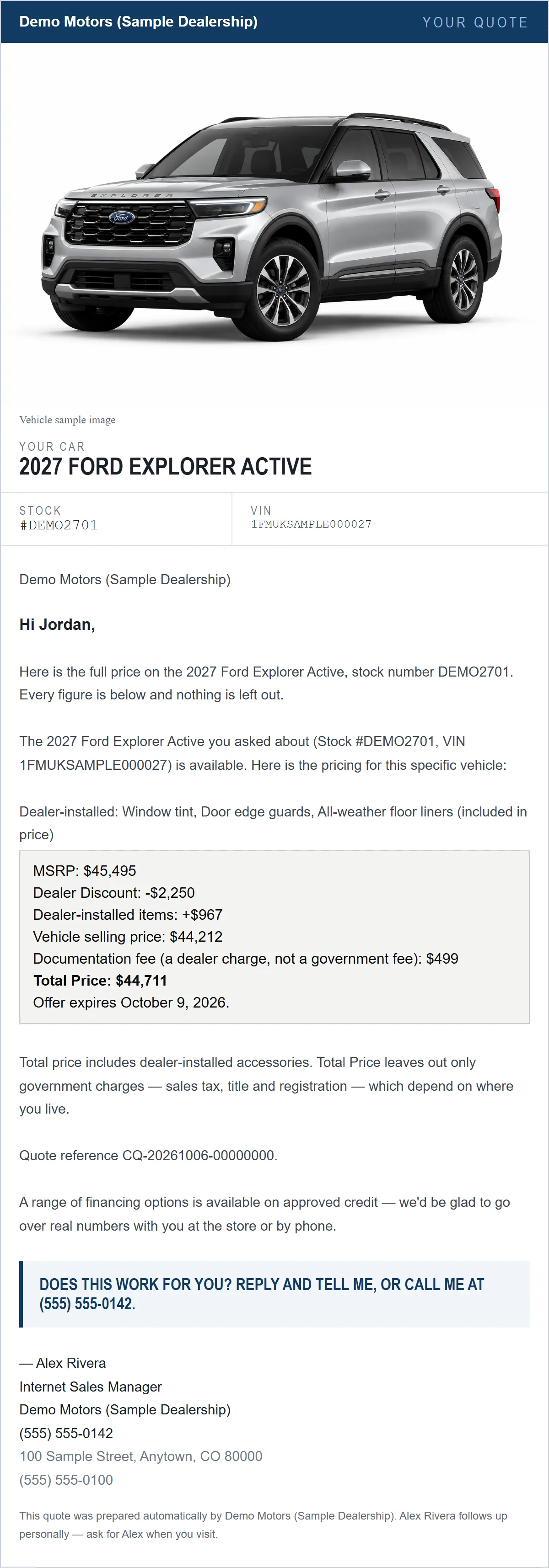 A quote email generated by Quoted by CognitGo for a sample dealership, showing the vehicle, stock and VIN, and a price breakdown ending in a total price and an offer expiration date